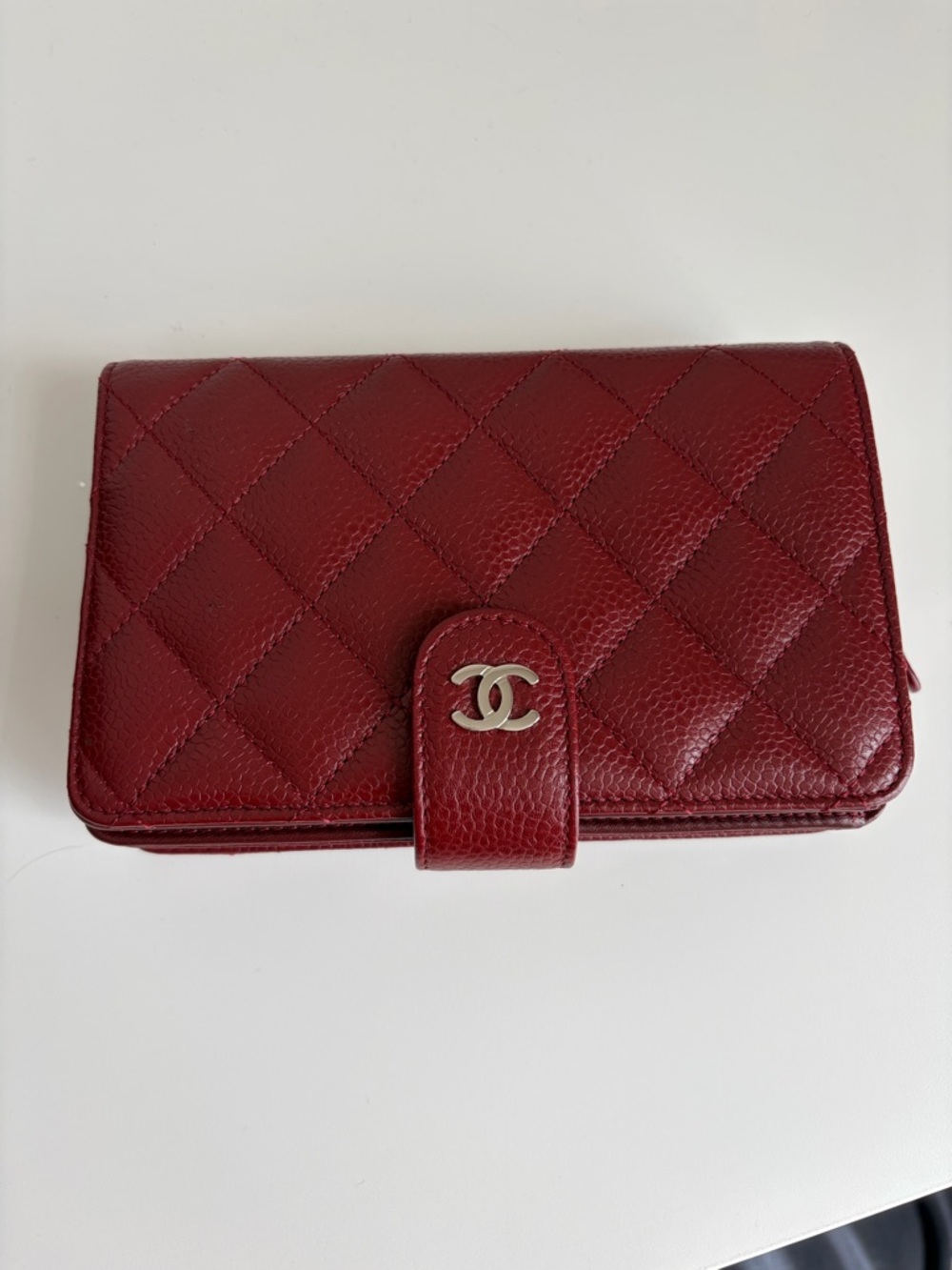 CHANEL Quilted Caviar Leather Wallet in Deep Red with Silver CC